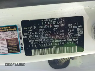 2024 Kia Telluride EX with VIN 5XYP34GC4RG502613, listed as a IAAI auction lot 41299160 with Not Provided miles and . Bid and sale history available at DreamBid. Image 9.
