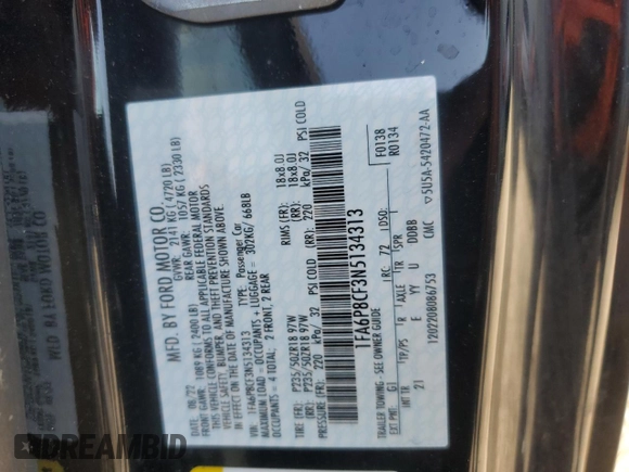 2022 Ford Mustang GT with VIN 1FA6P8CF3N5134313, listed as a Copart auction lot 45870625 with 32,835 mi miles and Salvage Title. Bid and sale history available at carsss.com. Image 13.