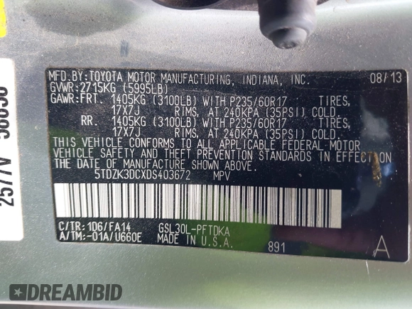 2013 Toyota Sienna L with VIN 5TDZK3DCXDS403672, listed as a IAAI auction lot 42843593 with 178,046 mi miles and . Bid and sale history available at DreamBid. Image 9.