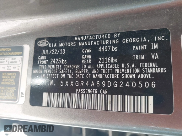 2013 Kia Optima SX с VIN 5XXGR4A69DG240506, выставлен на аукционе IAAI как лот 42299904 с пробегом 235 357 миль миль и . История ставок и продаж доступна на DreamBid. Изображение 9.