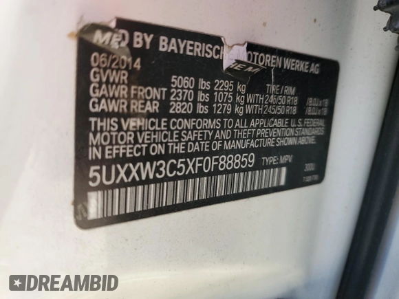 2015 BMW X4 xDrive28i with VIN 5UXXW3C5XF0F88859, listed as a Copart auction lot 41498794 with 118,684 mi miles. Bid and sale history available at carsss.com. Image 14.