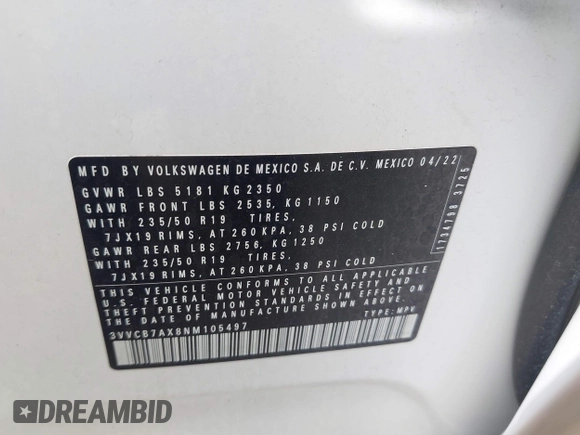 2022 Volkswagen Tiguan SE R-Line Black z VIN 3VVCB7AX8NM105497, wystawiony jako IAAI lot #42506294 z przebiegiem 29 821 mil mil oraz . Historia ofert i sprzedaży dostępna na DreamBid. Obrazek 9.