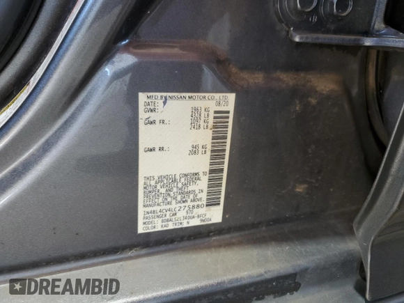 2020 Nissan Altima 2.5 SR with VIN 1N4BL4CV4LC275880, listed as a Copart auction lot 48739355 with 63,196 mi miles and Salvage Title. Bid and sale history available at carsss.com. Image 12.