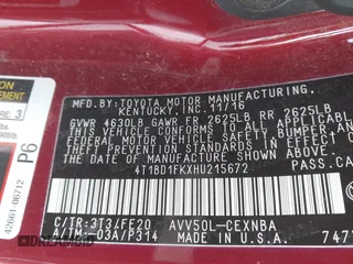 2017 Toyota Camry Hybrid LE with VIN 4T1BD1FKXHU215672, listed as a IAAI auction lot 41382365 with 165,863 mi miles. Bid and sale history available at carsss.com. Image 9.