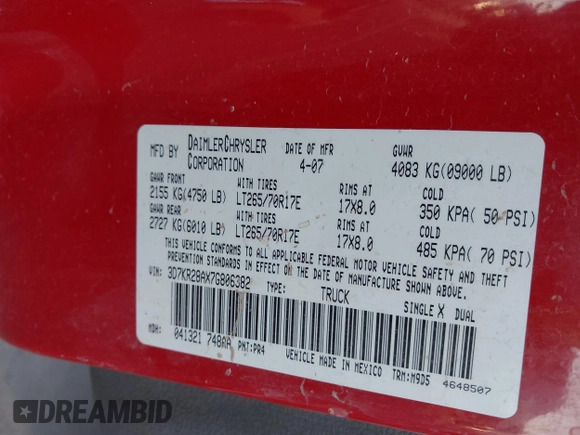 2007 Dodge 2500 SLT with VIN 3D7KR28AX7G806382, listed as a IAAI auction lot 42516247 with 131,977 mi miles and . Bid and sale history available at DreamBid. Image 9.