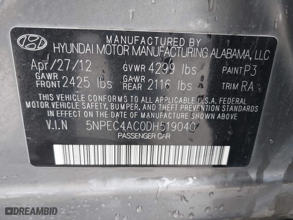2013 Hyundai Sonata SE with VIN 5NPEC4AC0DH519040, listed as a IAAI auction lot 41934801 with 283,765 mi miles. Bid and sale history available at carsss.com. Image 9.