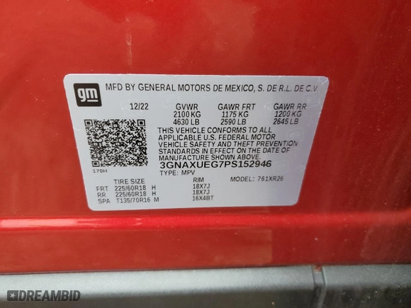 2023 Chevrolet Equinox LT with VIN 3GNAXUEG7PS152946, listed as a Copart auction lot 48559995 with 18,147 mi miles and Salvage Title. Bid and sale history available at carsss.com. Image 12.