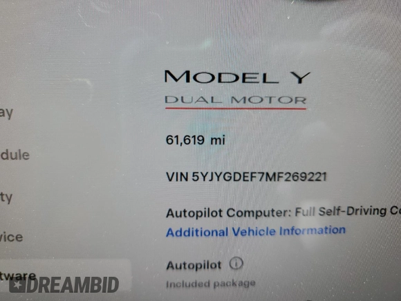 2021 Tesla Model Y Performance with VIN 5YJYGDEF7MF269221, listed as a Copart auction lot 52109785 with 61,619 mi miles and Salvage Title. Bid and sale history available at DreamBid. Image 9.