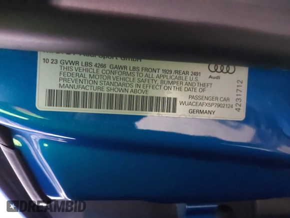 2023 Audi R8 performance quattro with VIN WUACEAFX5P7902124, listed as a IAAI auction lot 41426635 with 3,438 mi miles and . Bid and sale history available at DreamBid. Image 9.