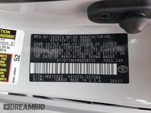 2022 Toyota Camry SE with VIN 4T1G11AK4NU058724, listed as a Copart auction lot 53511615 with 63,235 mi miles and Salvage Title. Bid and sale history available at DreamBid. Image 12.