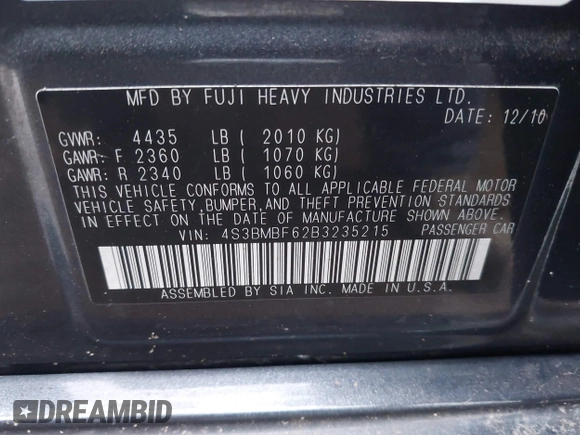 2011 Subaru Legacy Premium with VIN 4S3BMBF62B3235215, listed as a IAAI auction lot 42724295 with 194,892 mi miles and . Bid and sale history available at DreamBid. Image 9.