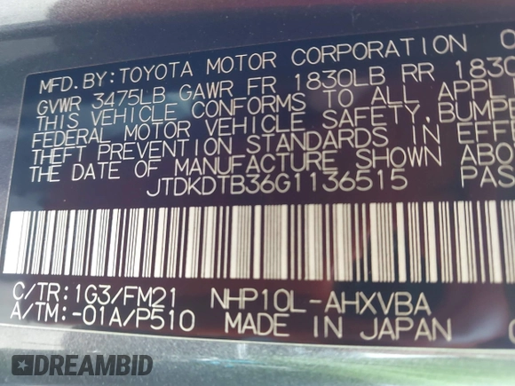 2016 Toyota Prius One with VIN JTDKDTB36G1136515, listed as a IAAI auction lot 42030709 with 413,357 mi miles and . Bid and sale history available at DreamBid. Image 9.