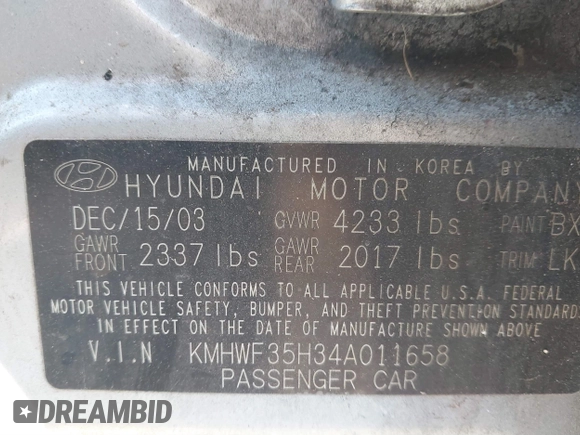 2004 Hyundai Sonata GLS with VIN KMHWF35H34A011658, listed as a IAAI auction lot 41605017 with 151,332 mi miles and . Bid and sale history available at DreamBid. Image 9.