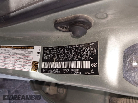 2006 Toyota Prius with VIN JTDKB20U167513159, listed as a IAAI auction lot 41704842 with 170,618 mi miles. Bid and sale history available at carsss.com. Image 9.