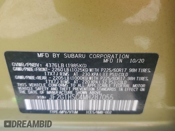 2021 Subaru Crosstrek Special Sports with VIN JF2GTHSC4MH287055, listed as a Copart auction lot 58946605 with 84,948 mi miles and Salvage title. Bid and sale history available at DreamBid. Image 14.