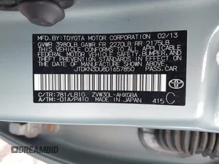 2013 Toyota Prius One with VIN JTDKN3DU8D1657850, listed as a IAAI auction lot 42209001 with 238,243 mi miles and . Bid and sale history available at DreamBid. Image 9.