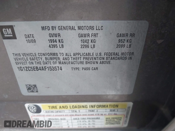 2010 Chevrolet Malibu 1LT with VIN 1G1ZC5EB4AF153574, listed as a IAAI auction lot 41670974 with 163,184 mi miles and . Bid and sale history available at DreamBid. Image 9.