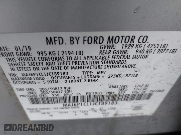 2018 Ford EcoSport SES with VIN MAJ6P1CL1JC189183, listed as a IAAI auction lot 41120875 with 95,741 mi miles and . Bid and sale history available at DreamBid. Image 9.