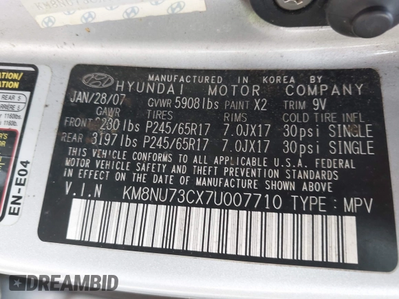 2007 Hyundai Veracruz GLS with VIN KM8NU73CX7U007710, listed as a IAAI auction lot 42136963 with 175,111 mi miles and . Bid and sale history available at DreamBid. Image 9.