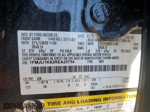 2024 Ford Expedition Limited с VIN 1FMJU1K82REA25754, выставлен на аукционе Copart как лот 61742895 с пробегом 42 060 миль миль и Чистый • Clean title. История ставок и продаж доступна на DreamBid. Изображение 13.