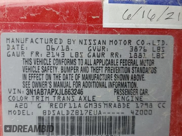 2018 Nissan Sentra SV with VIN 3N1AB7APXJL663246, listed as a Copart auction lot 47737365 with 0 mi miles and Salvage Title. Bid and sale history available at carsss.com. Image 12.