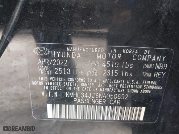 2022 Hyundai Sonata Hybrid SEL with VIN KMHL34JJ6NA050692, listed as a IAAI auction lot 42004770 with 62,514 mi miles. Bid and sale history available at carsss.com. Image 9.