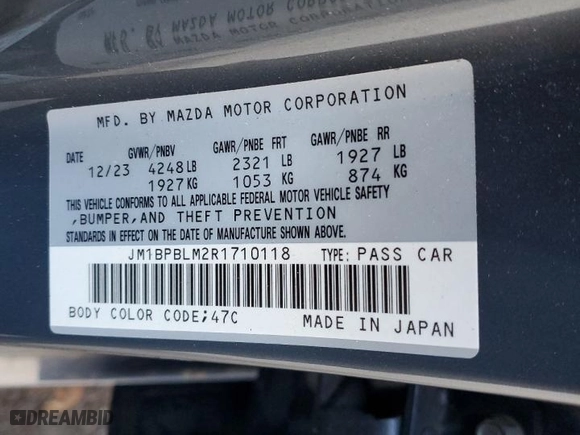 2024 Mazda Mazda3 Hatchback 2.5 S Carbon Edition with VIN JM1BPBLM2R1710118, listed as a Copart auction lot 80006014 with 0 mi miles and Non Repairable. Bid and sale history available at carsss.com. Image 13.