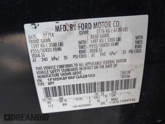 2015 Ford Explorer Limited with VIN 1FM5K8F86FGA28103, listed as a IAAI auction lot 41769002 with 95,865 mi miles and . Bid and sale history available at DreamBid. Image 9.