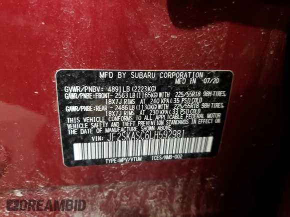 2020 Subaru Forester Limited with VIN JF2SKASC6LH592981, listed as a Copart auction lot 46116945 with 20,710 mi miles and Salvage Title. Bid and sale history available at carsss.com. Image 13.