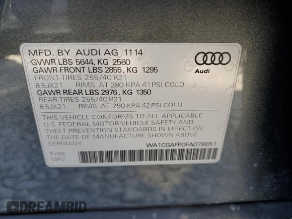 2015 Audi SQ5 Premium Plus with VIN WA1CGAFP0FA078651, listed as a Copart auction lot 75446814 with 106,646 mi miles and Salvage title. Bid and sale history available at DreamBid. Image 12.