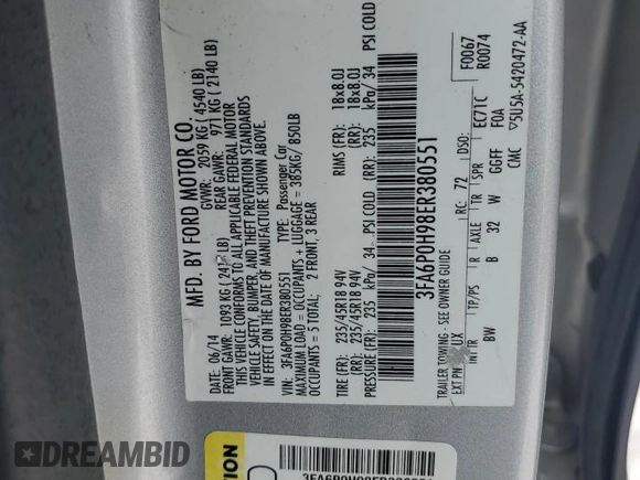2014 Ford Fusion SE with VIN 3FA6P0H98ER380551, listed as a Copart auction lot 46226945 with 182,271 mi miles and Clean Title. Bid and sale history available at carsss.com. Image 12.