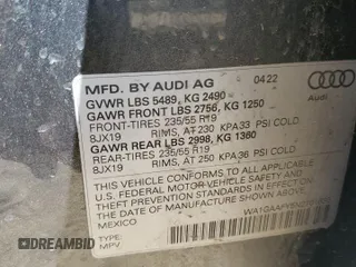 2022 Audi Q5 S line Premium with VIN WA1GAAFY5N2101636, listed as a Copart auction lot 68905304 with 16,019 mi miles and Salvage Title. Bid and sale history available at carsss.com. Image 13.