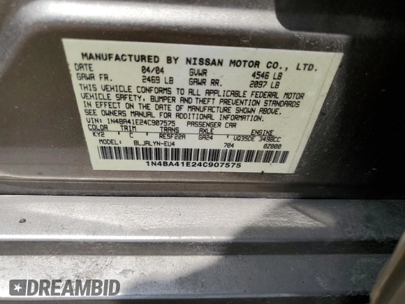 2004 Nissan Maxima SL with VIN 1N4BA41E24C907575, listed as a Copart auction lot 59956394 with 204,734 mi miles and Salvage Title. Bid and sale history available at DreamBid. Image 13.