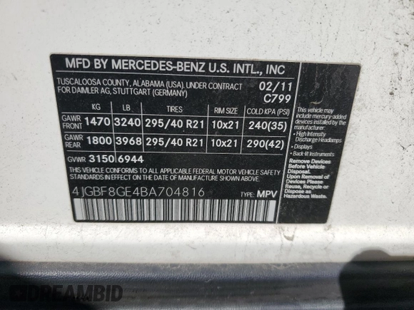 2011 Mercedes-Benz GL-Class GL 550 with VIN 4JGBF8GE4BA704816, listed as a Copart auction lot 70331714 with 135,318 mi miles and Salvage Title. Bid and sale history available at carsss.com. Image 13.