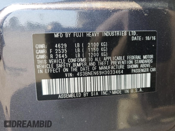 2017 Subaru Legacy Limited with VIN 4S3BNEN69H3033464, listed as a Copart auction lot 63486885 with 63,041 mi miles and Salvage title. Bid and sale history available at DreamBid. Image 12.
