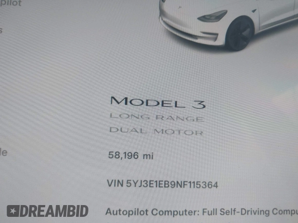 2022 Tesla Model 3 Long Range z VIN 5YJ3E1EB9NF115364, wystawiony jako IAAI lot #41618947 z przebiegiem 58 196 mil mil oraz . Historia ofert i sprzedaży dostępna na DreamBid. Obrazek 14.