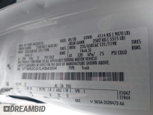 2020 Ford Transit Cargo with VIN 1FTBR2CG1LKB43034, listed as a IAAI auction lot 41668193 with 56,827 mi miles and . Bid and sale history available at DreamBid. Image 9.