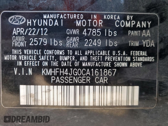2012 Hyundai Azera с VIN KMHFH4JG0CA161867, выставлен на аукционе Copart как лот 86928654 с пробегом 243 946 миль миль и Чистый • Clean title. История ставок и продаж доступна на DreamBid. Изображение 13.