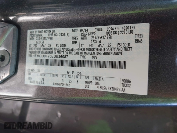 2014 Ford Escape S with VIN 1FMCU0F75EUE26087, listed as a IAAI auction lot 41882375 with 135,077 mi miles. Bid and sale history available at carsss.com. Image 9.