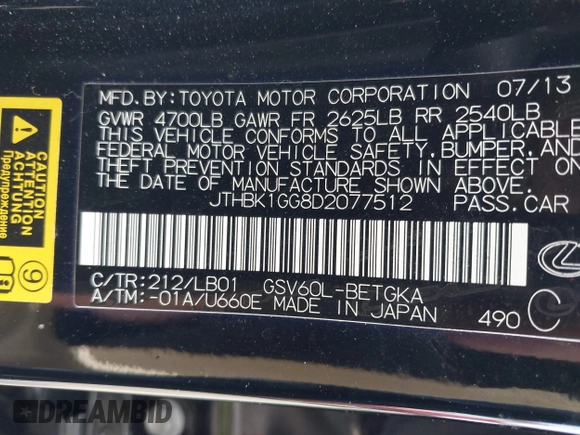2013 Lexus ES 4dr Sdn with VIN JTHBK1GG8D2077512, listed as a IAAI auction lot 41922259 with 30,899 mi miles. Bid and sale history available at carsss.com. Image 9.