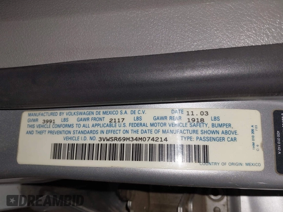 2004 Volkswagen Jetta GLS с VIN 3VWSR69M34M074214, выставлен на аукционе IAAI как лот 42441817 с пробегом 173 273 миль миль и . История ставок и продаж доступна на DreamBid. Изображение 9.