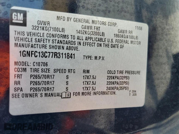2007 Chevrolet Tahoe LS с VIN 1GNFC13C77R311841, выставлен на аукционе Copart как лот 65167765 с пробегом 155 303 миль миль и Списание • Salvage title. История ставок и продаж доступна на DreamBid. Изображение 13.