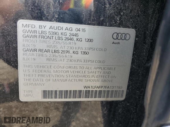 2015 Audi Q5 Premium Plus with VIN WA1LFAFP7FA131185, listed as a Copart auction lot 59782215 with 164,907 mi miles and Salvage title. Bid and sale history available at DreamBid. Image 13.