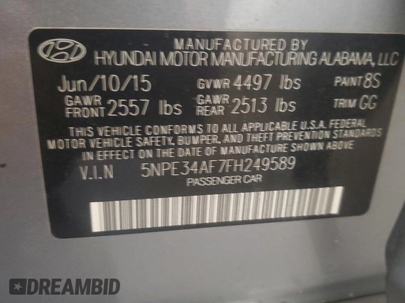 2015 Hyundai Sonata Sport with VIN 5NPE34AF7FH249589, listed as a Copart auction lot 56567415 with 175,514 mi miles and Salvage title. Bid and sale history available at DreamBid. Image 12.