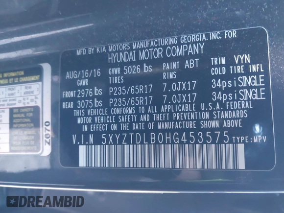 2017 Hyundai Santa Fe 2.4L with VIN 5XYZTDLB0HG453575, listed as a IAAI auction lot 41036334 with 114,031 mi miles and . Bid and sale history available at DreamBid. Image 9.