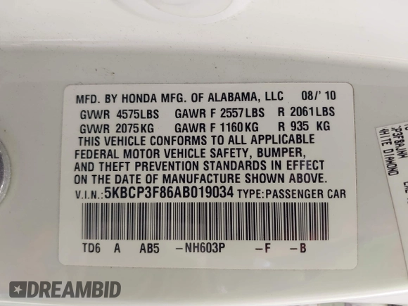 2010 Honda Accord EX-L with VIN 5KBCP3F86AB019034, listed as a IAAI auction lot 41712850 with 50,871 mi miles and . Bid and sale history available at DreamBid. Image 9.