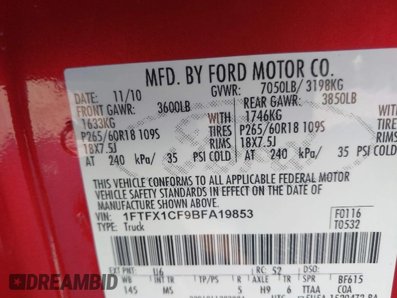 2011 Ford F-150 XL with VIN 1FTFX1CF9BFA19853, listed as a IAAI auction lot 41737404 with 71,558 mi miles. Bid and sale history available at carsss.com. Image 9.