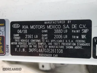 2018 Kia Forte S with VIN 3KPFL4A70JE261108, listed as a Copart auction lot 46338595 with 71,579 mi miles and Salvage Title. Bid and sale history available at carsss.com. Image 13.