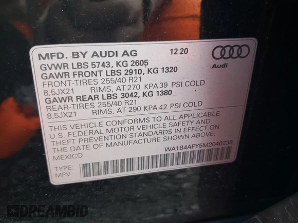 2021 Audi SQ5 Premium Plus with VIN WA1B4AFY5M2040238, listed as a Copart auction lot 46590934 with 16,841 mi miles and . Bid and sale history available at DreamBid. Image 13.