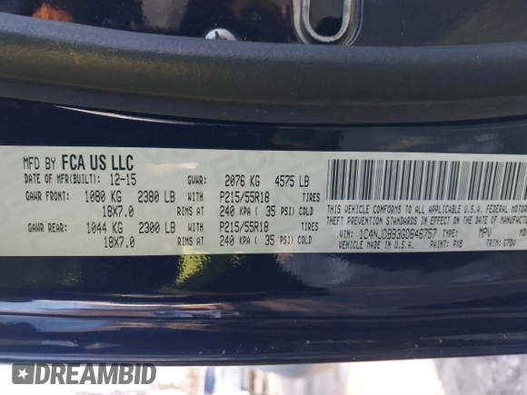 2016 Jeep Compass Sport with VIN 1C4NJDBB3GD646757, listed as a IAAI auction lot 41673419 with 98,504 mi miles and . Bid and sale history available at DreamBid. Image 9.